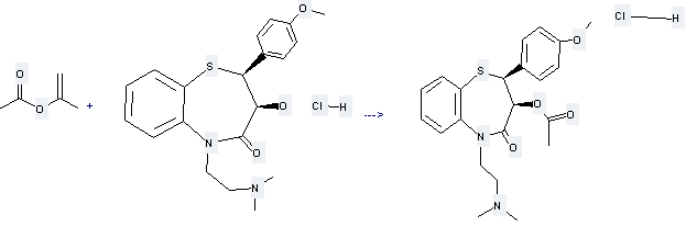 Diltiazem HCl can be prepared by 2-Acetoxy-propene with (2S,3S)-5-(2-Dimethylaminoethyl)-3-hydroxy-2-(4-methoxyphenyl)-2,3-dihydro-1,5-benzothiazepin-4(5H)-one hydrochloride. 
